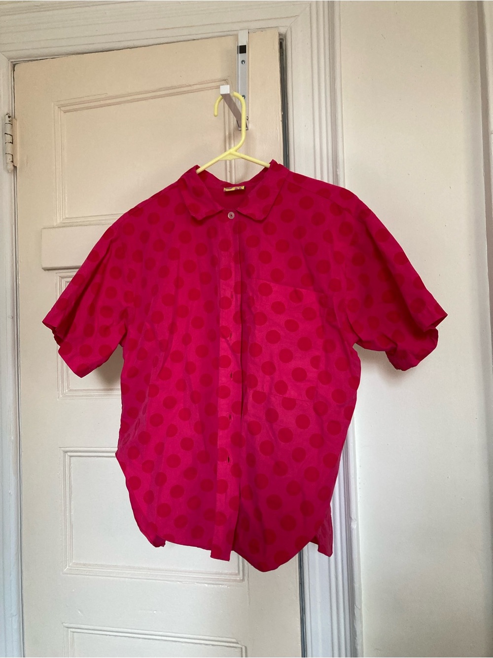 Sour Cherry Dot Tulip Top - bright pink button down short sleeve - Picture 2 of 6